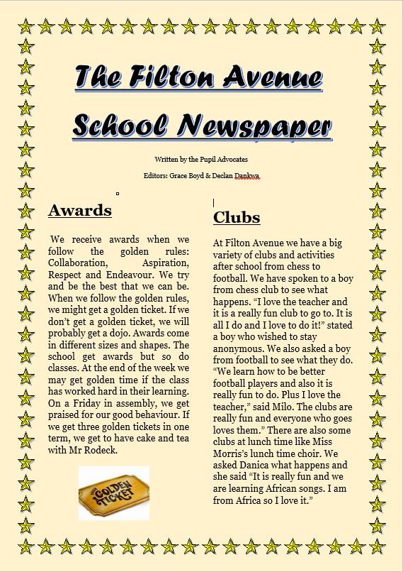 School Newspaper 1 - 'The Filton Avenue School Newpaper' created by Year 5 & 6 Pupil Advocates